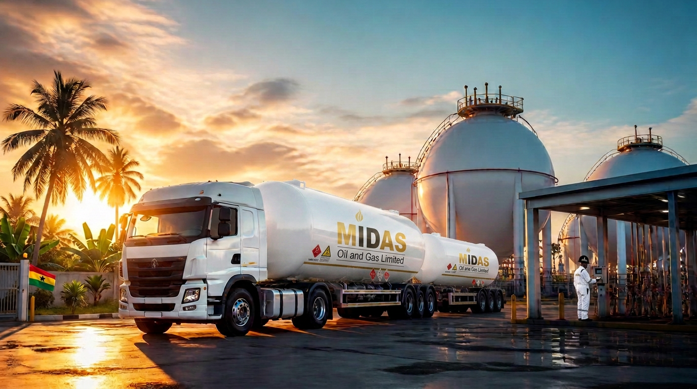 Midas-branded LPG tanker at a Ghanaian gas depot at sunrise