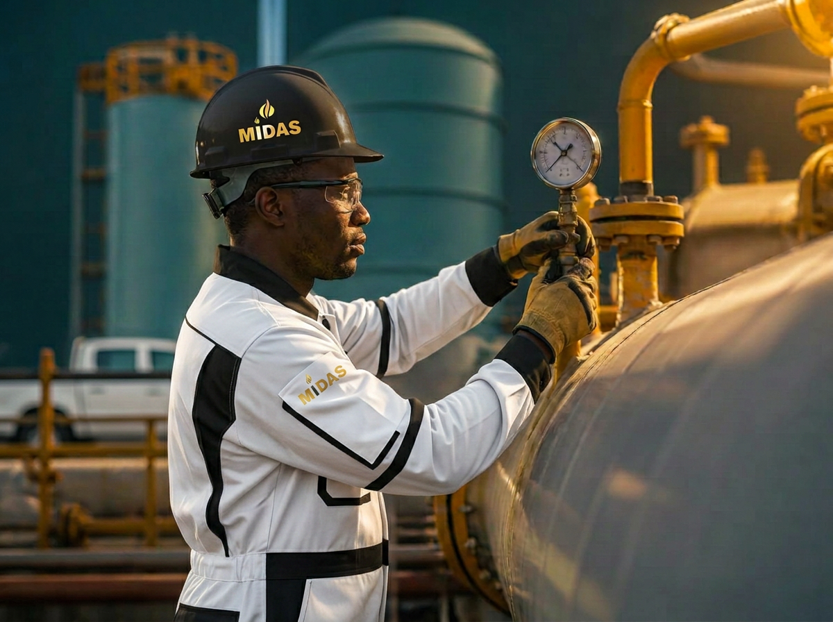 Ghanaian safety officer checking a pressure gauge at an LPG facility